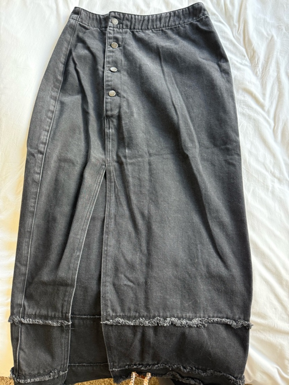 Black Denim Midi Skirt with Front Slit